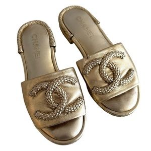 Chanel Metallic Gold Lambskin Braided Rope Logo Mule Flats Sandals Slides